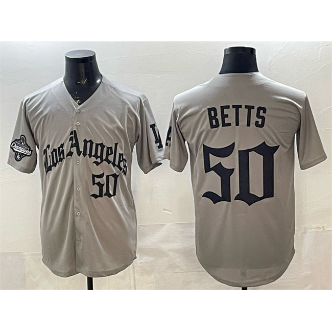 Los Angeles Dodgers #50 Mookie Betts Grey RONA LA Gothic Style With 2025 World Series Champions Patch Limited Stitched Jersey