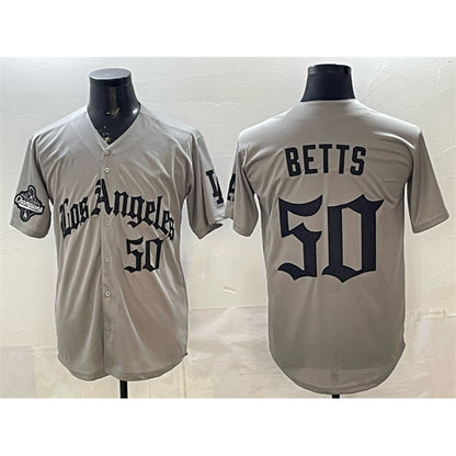 Los Angeles Dodgers #50 Mookie Betts Grey RONA LA Gothic Style With 2025 World Series Champions Patch Limited Stitched Jersey