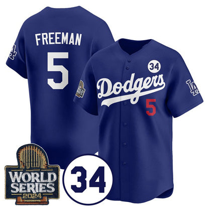 Los Angeles Dodgers #5 Freddie Freeman Royal RONA 2024 World Series With No. 34 Patch Cool Base Stitched Jersey
