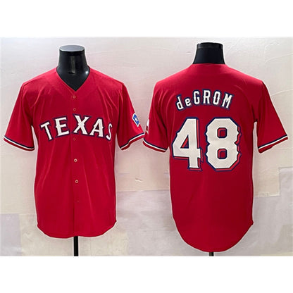 Texas Rangers #48 Jacob deGrom Red RONA With Patch Cool Base Stitched Jersey