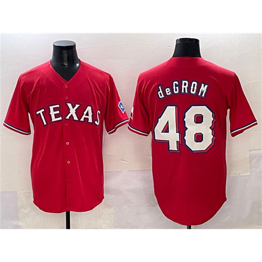 Texas Rangers #48 Jacob deGrom Red RONA With Patch Cool Base Stitched Jersey