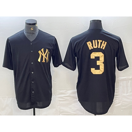 New York Yankees #3 Babe Ruth Black Gold RONA Cool Base Stitched Jersey