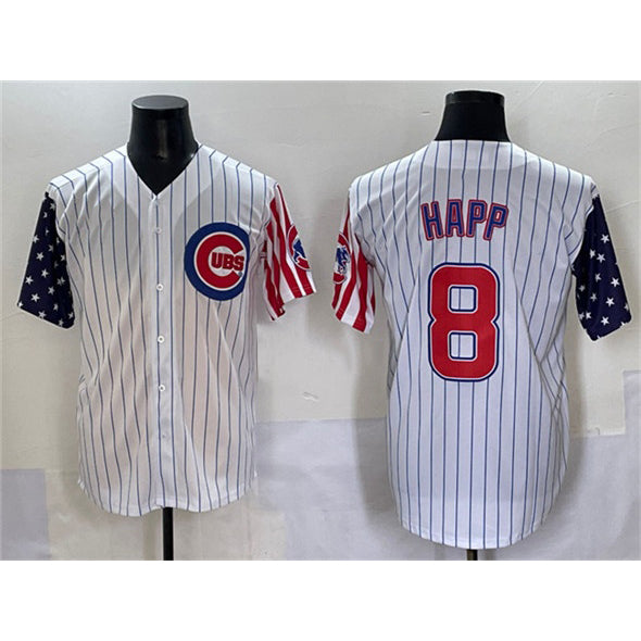 Chicago Cubs #8 Ian Happ White RONA Pinstripe 2025 Independence Day Vapor Premier Limited Stitched Jersey