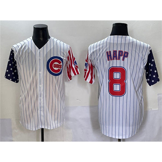 Chicago Cubs #8 Ian Happ White RONA Pinstripe 2025 Independence Day Vapor Premier Limited Stitched Jersey