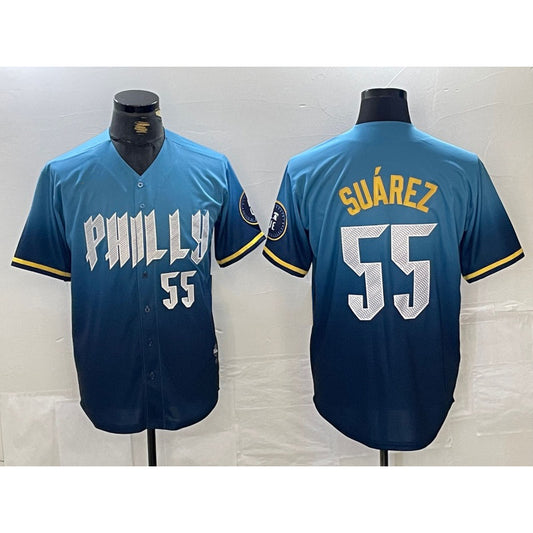 Philadelphia Phillies #55 Ranger Suarez Blue RONA 2024 City Player Number Cool Base Jersey 2