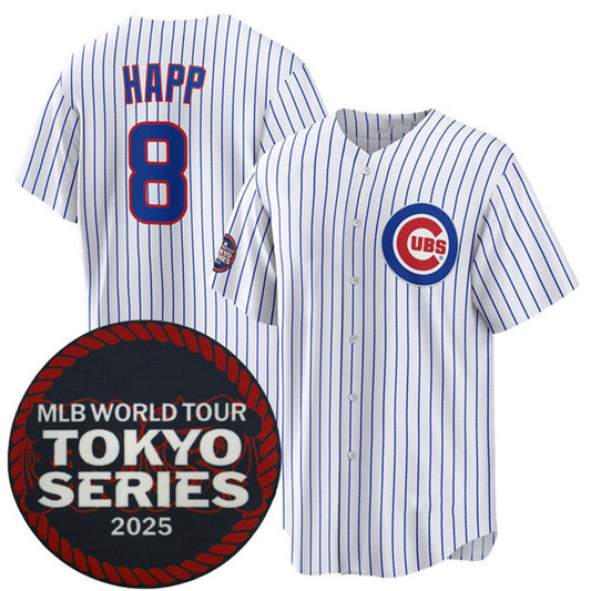 Chicago Cubs #8 Ian Happ White RONA 2025 World Tour Tokyo Series Home Stitched Jersey