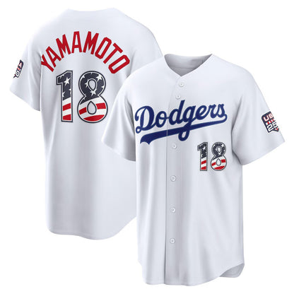 Los Angeles Dodgers #18 Yoshinobu Yamamoto White RONA USA 250 Fourth of July Home Stadium Jersey
