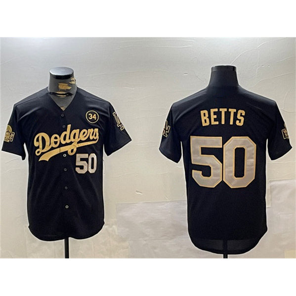Los Angeles Dodgers #50 Mookie Betts Black Gold RONA 2024 World Series With No. 34 Patch Limited Stitched Jersey