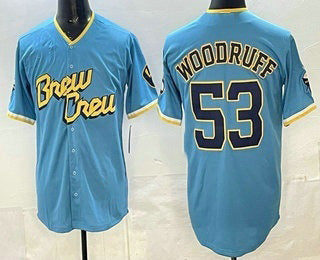 Milwaukee Brewers #53 Brandon Woodruff Powder Blue RONA 2022 City Connect Cool Base Jerse