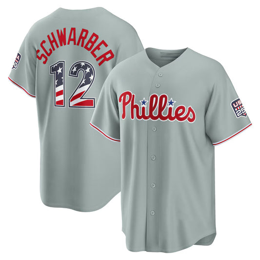 Philadelphia Phillies #12 Kyle Schwarber USA 250 Fourth of July Road Stadium Jersey - Gray RONA