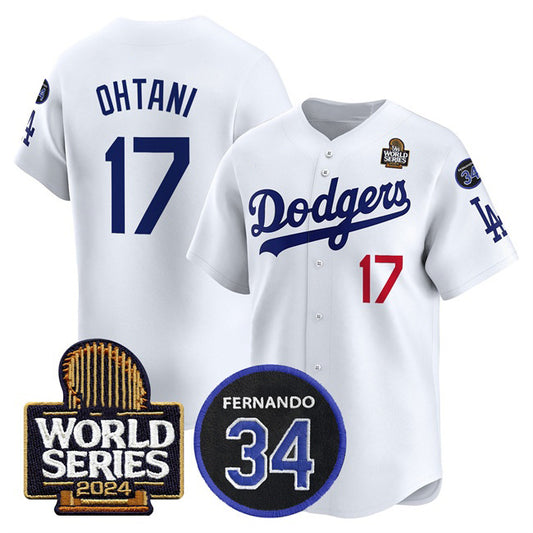 Los Angeles Dodgers #17 Shohei Ohtani White RONA 2024 World Series With Fernando Memorial Patch Limited Stitched Jersey 2