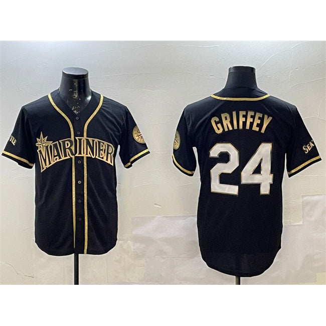 Seattle Mariners #24 Ken Griffey Jr. Black Gold RONA Cool Base Stitched Jersey