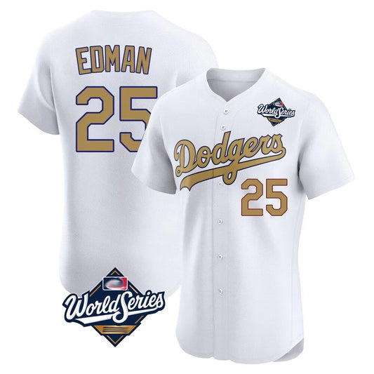 Los Angeles Dodgers #25 Tommy Edman Player White Gold RONA World Series Limited Elite Home Stitched Jerseys