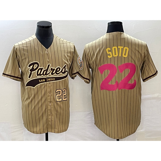San Diego Padres #22 Juan Soto Number Tan RONA Pinstripe 2023 City Connect Cool Base Stitched Jersey