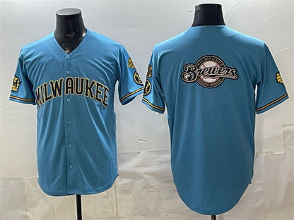 Milwaukee Brewers Team Big Logo Blue RONA With Home & Bob Uecker Patch Stitched Jersey