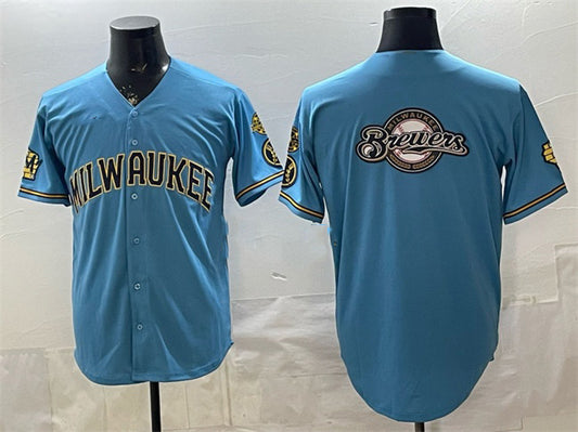 Milwaukee Brewers Team Big Logo Blue RONA With Home & Bob Uecker Patch Stitched Jersey