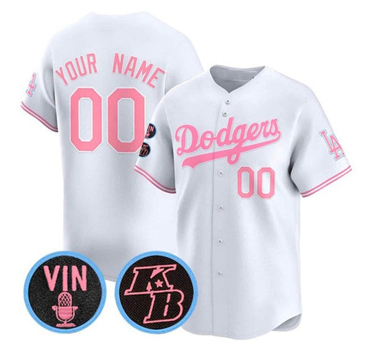 Custom Los Angeles Dodgers Active Player White Pink RONA With Vin & Kobe Patch Limited Stitched Jersey