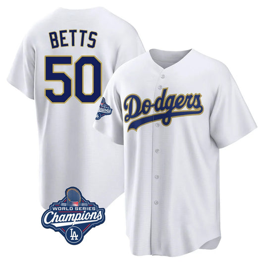 Los Angeles Dodgers #50 Mookie Betts Player Gold White RONA World Series Meet 2026 Collection Stadium Game Stitched Jerseys