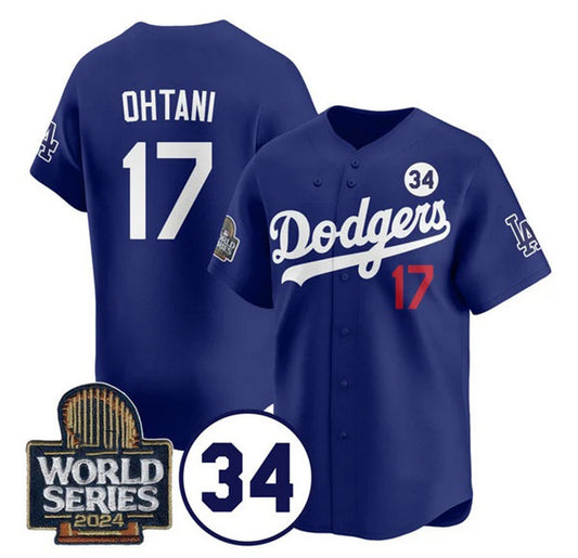 Los Angeles Dodgers #17 Shohei Ohtani Royal RONA 2024 World Series With No. 34 Patch Cool Base Stitched Jersey