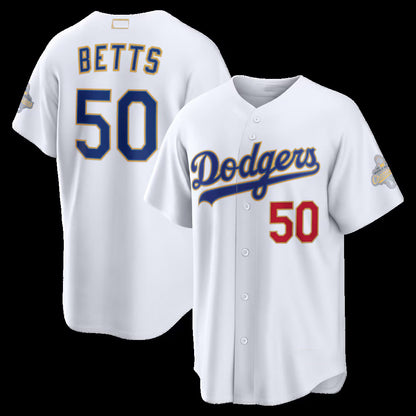 Los Angeles Dodgers #50 Mookie Betts White RONA 2026 Gold Collection Stadium Jersey