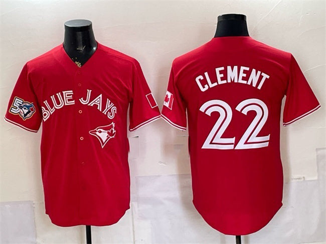 Toronto Blue Jays #22 Ernie Clement Red RONA 50 Seasons Patch Stitched Jersey