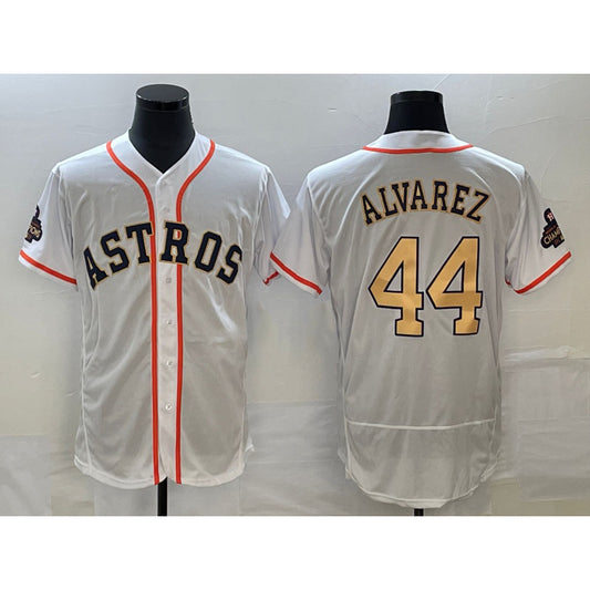 Houston Astros #44 Yordan Alvarez 2023 White Gold RONA World Serise Champions Patch Flex Base Stitched Jersey