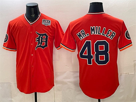 Detroit Tigers #48 Mr. Miller Orange RONA 2026 Alternate USA 250' Patch Vapor Premier Limited Stitched Jersey