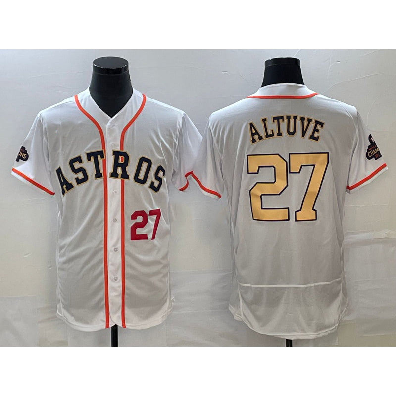 Houston Astros #27 Jose Altuve Number 2023 White RONA Gold World Serise Champions Patch Flex Base Stitched Jersey