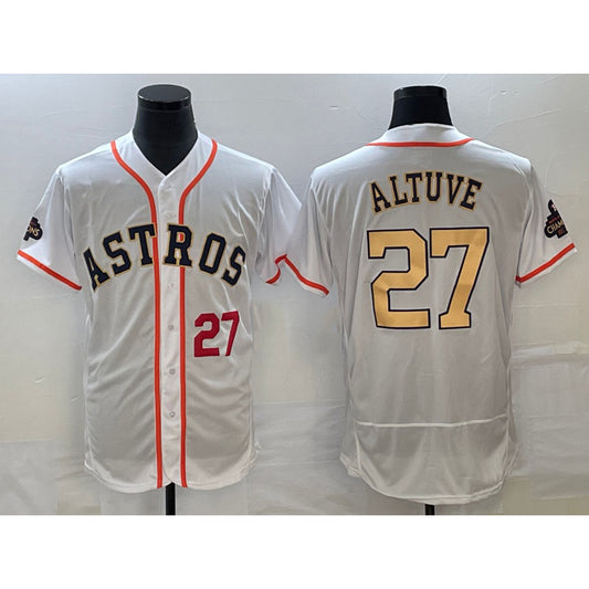 Houston Astros #27 Jose Altuve Number 2023 White RONA Gold World Serise Champions Patch Flex Base Stitched Jersey