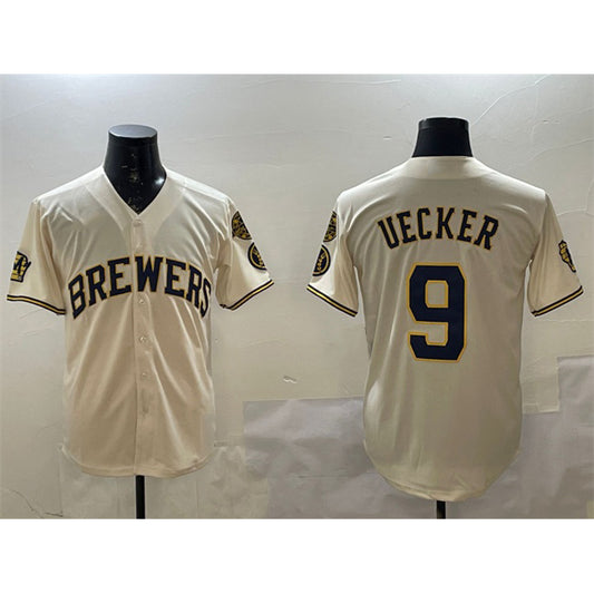 Milwaukee Brewers #9 Bob Uecker Cream RONA With Home Patch Stitched Jersey