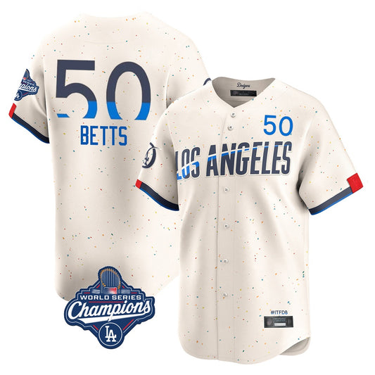 Los Angeles Dodgers #50 Mookie Betts Player Cream RONA World Series Meet City Connect Limited Home Stitched Jerseys
