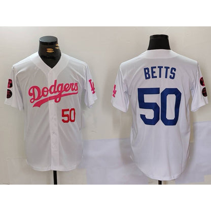 Los Angeles Dodgers #50 Mookie Betts White Pink RONA Vin & Kobe Patch Stitched Jersey 2