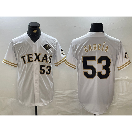 Texas Rangers #53 Adolis Garcia Number White RONA Gold Cool Base Stitched Jersey
