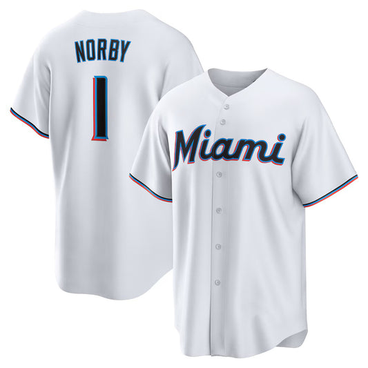 Miami Marlins #1 Connor Norby White RONA Home Replica Jersey