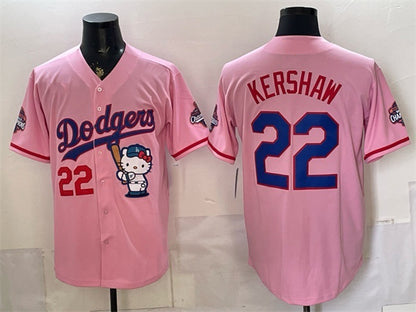 Los Angeles Dodgers #22 Clayton Kershaw Pink RONA Hello Kitty Night 2025 World Series Champions Patch Stitched Jersey