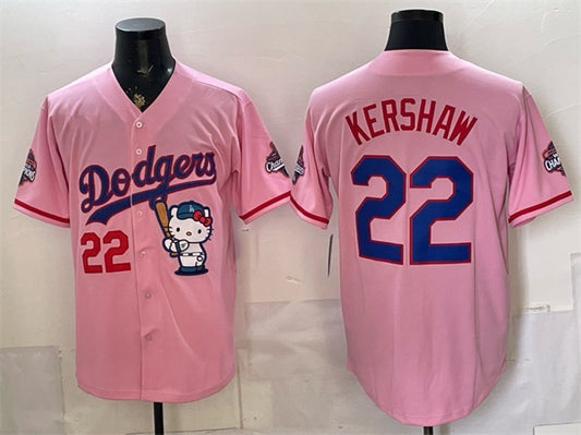Los Angeles Dodgers #22 Clayton Kershaw Pink RONA Hello Kitty Night 2025 World Series Champions Patch Stitched Jersey