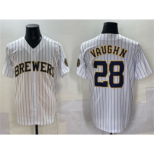 Milwaukee Brewers #28 Andrew Vaughn White RONA Pinstripe 2025 With Patch Stitched Jersey