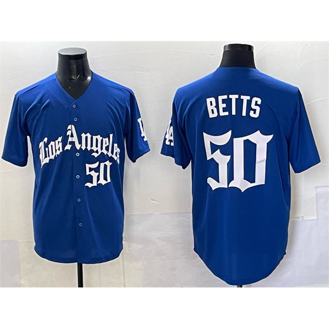 Los Angeles Dodgers #50 Mookie Betts Blue RONA 2025 LA Gothic Style With Fernando Patch Vapor Premier Limited Stitched Jersey
