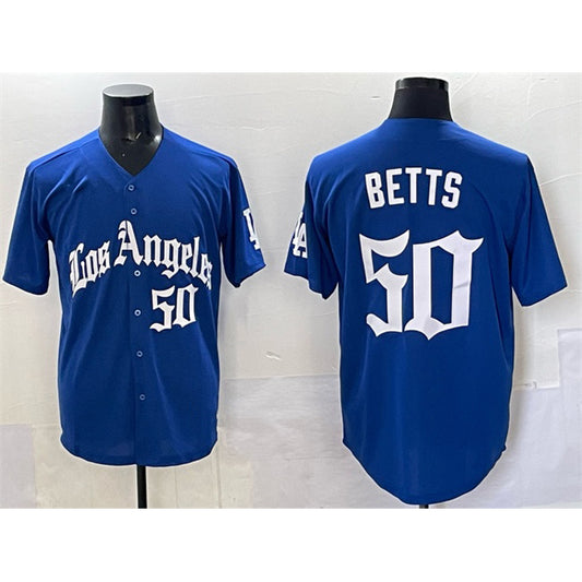 Los Angeles Dodgers #50 Mookie Betts Blue RONA 2025 LA Gothic Style With Fernando Patch Vapor Premier Limited Stitched Jersey
