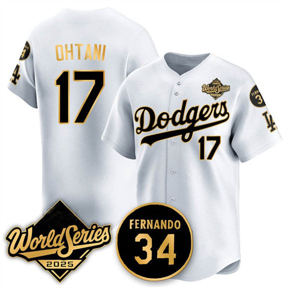 Los Angeles Dodgers #17 Shohei Ohtani White Gold RONA 2025 World Series With No.34 Patch Limited Stitched Jersey