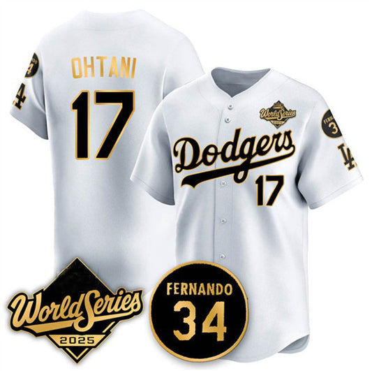 Los Angeles Dodgers #17 Shohei Ohtani White Gold RONA 2025 World Series With No.34 Patch Limited Stitched Jersey