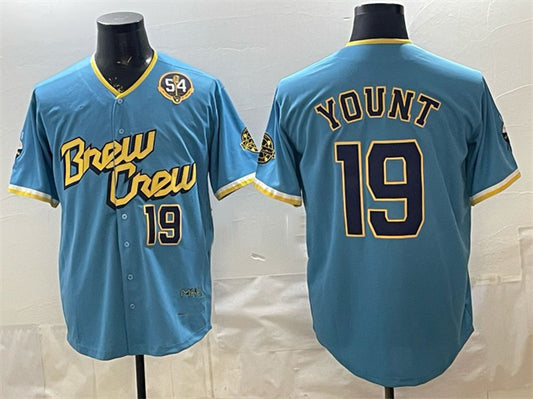 Milwaukee Brewers #19 Robin Yount Powder Blue RONA City Connect With Home & Bob Uecker Patch Limited Stitched Jersey