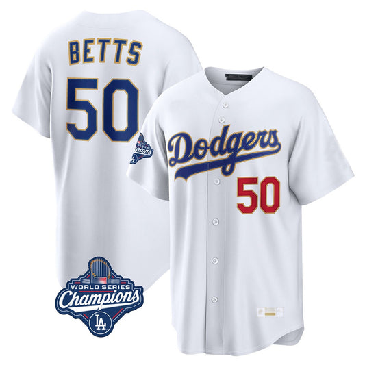 Los Angeles Dodgers #50 Mookie Betts Player Gold White RONA World Series Meet Collection Limited Home Stitched Jerseys