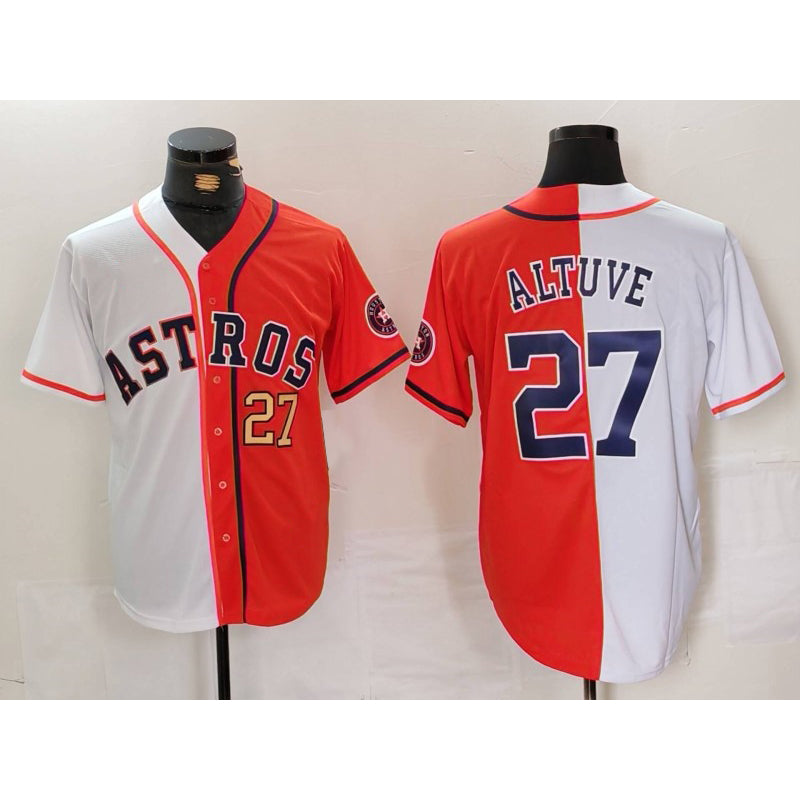 Houston Astros #27 Jose Altuve White Orange RONA Blue Number Split Stitched Jerseys