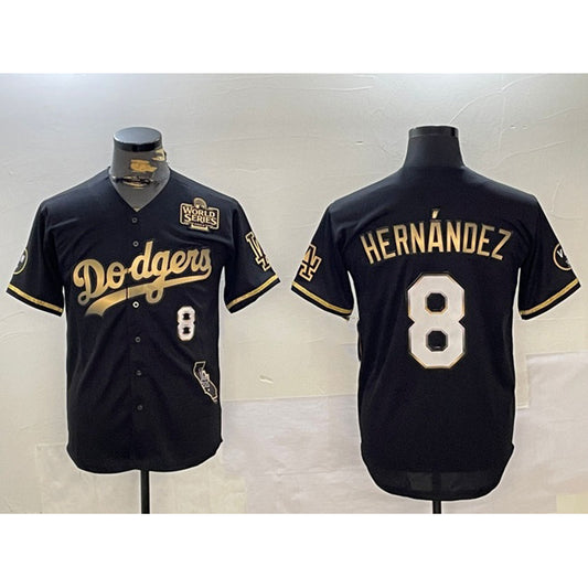 Los Angeles Dodgers #8 Enrique Hern¨¢ndez Black Gold RONA 2024 World Series With Vin & California Patch Vapor Premier Limited Stitched Jersey