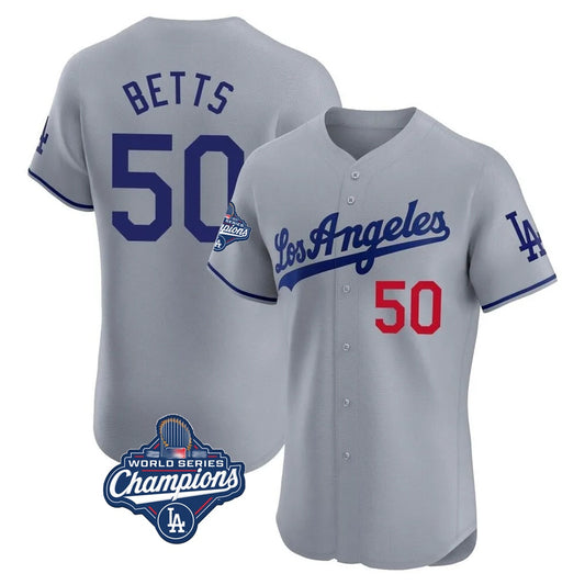 Los Angeles Dodgers #50 Mookie Betts Player Gray RONA World Series Meet Limited Elite Home Stitched Jerseys