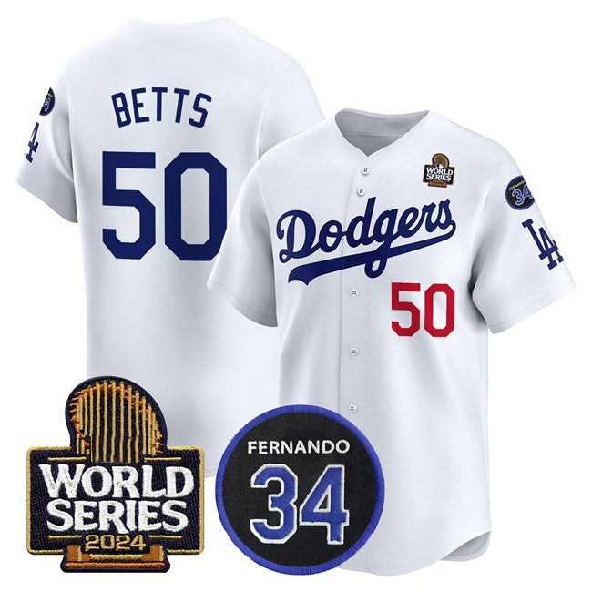 Los Angeles Dodgers #50 Mookie Betts White RONA 2024 World Series With Fernando Memorial Patch Limited Stitched Jersey