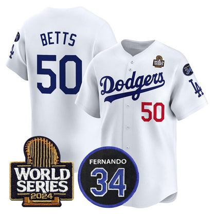 Los Angeles Dodgers #50 Mookie Betts White RONA 2024 World Series With Fernando Memorial Patch Limited Stitched Jersey