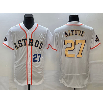 Houston Astros #27 Jose Altuve Number 2023 White RONA Gold World Serise Champions Patch Flex Base Stitched Jersey 2