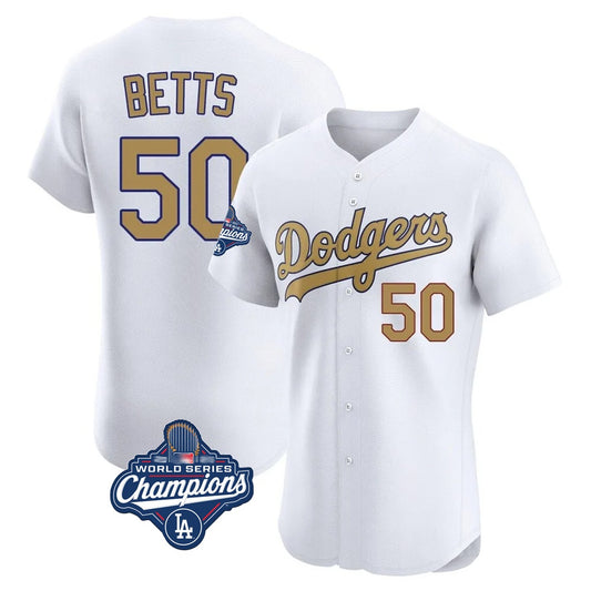 Los Angeles Dodgers #50 Mookie Betts Player White Gold RONA World Series Meet Limited Elite Home Stitched Jerseys